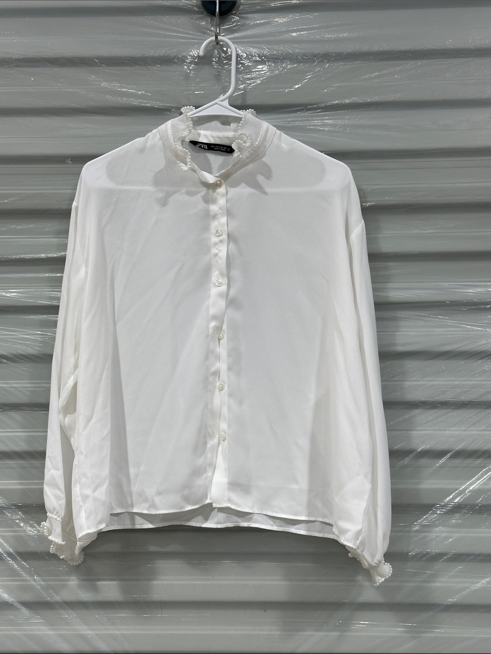 Zara White Ruffle-Collar Button-Down Blouse